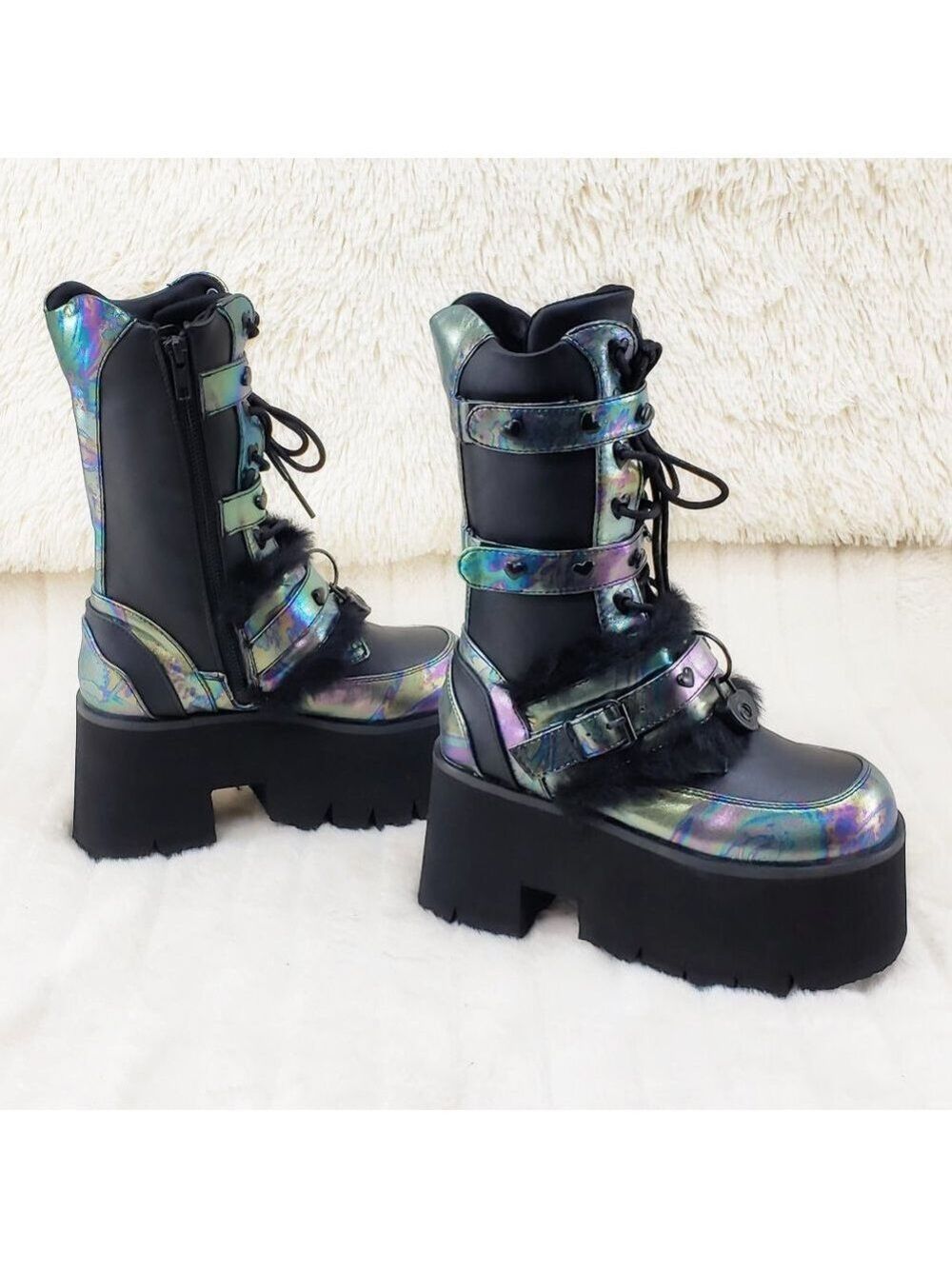Ash Goth Punk Furry Mid Calf Platform Boots - Picture 5 of 15